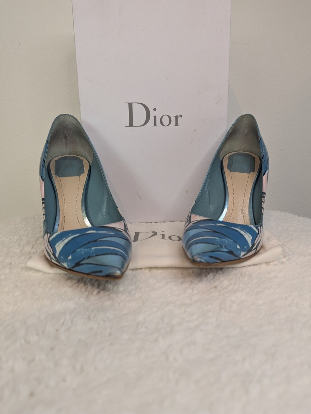 Christian Dior Cherie Metallic Blue Abstract Print 10cm Pumps Sz 38.5